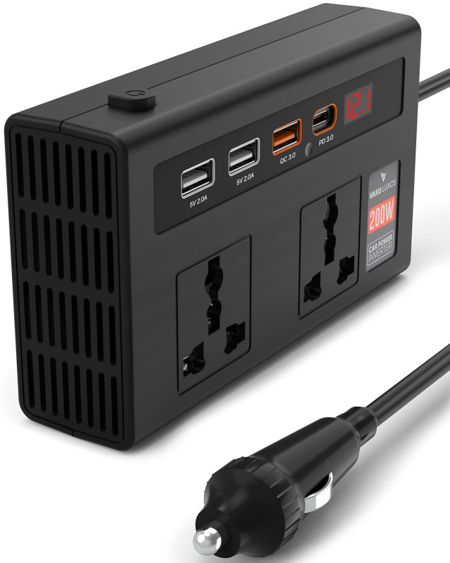 DR VAKU® VoltDrive Pro 7-in-1 200 W Car Laptop Charger | 12 V DC to 220 V AC Power Inverter with 2× AC Outlets, 3× USB, 1× 30 W PD Fast Charging – Ideal for Laptops, Mobiles & Other Devices