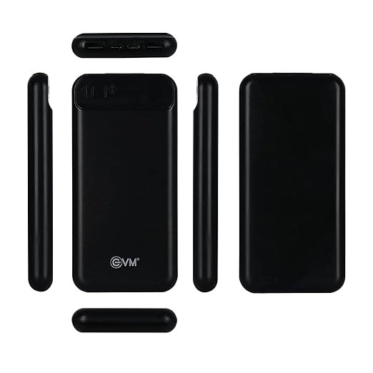 EVM Encharge 10,000 mAh Power Bank – Dual USB Ports, Micro & Type-C Inputs, LED Indicator, Fast Charging, Pocket-Size (Black) with 2 year Warranty