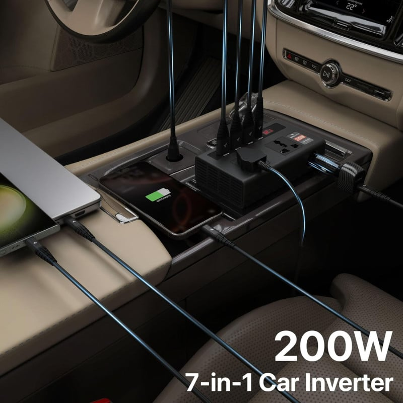 DR VAKU® VoltDrive Pro 7-in-1 200 W Car Laptop Charger | 12 V DC to 220 V AC Power Inverter with 2× AC Outlets, 3× USB, 1× 30 W PD Fast Charging – Ideal for Laptops, Mobiles & Other Devices
