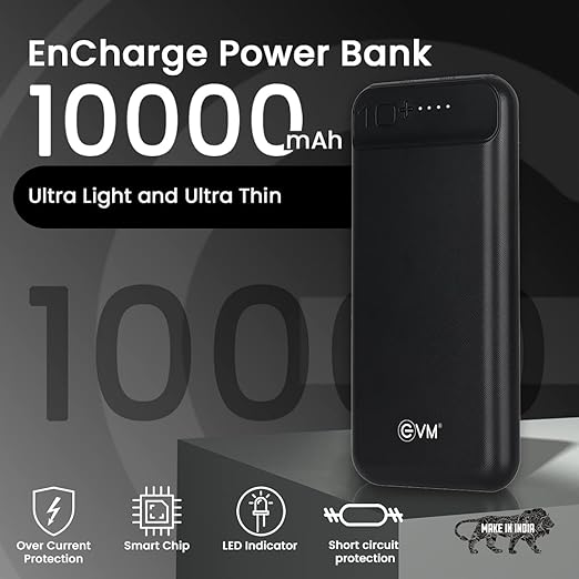 EVM Encharge 10,000 mAh Power Bank – Dual USB Ports, Micro & Type-C Inputs, LED Indicator, Fast Charging, Pocket-Size (Black) with 2 year Warranty