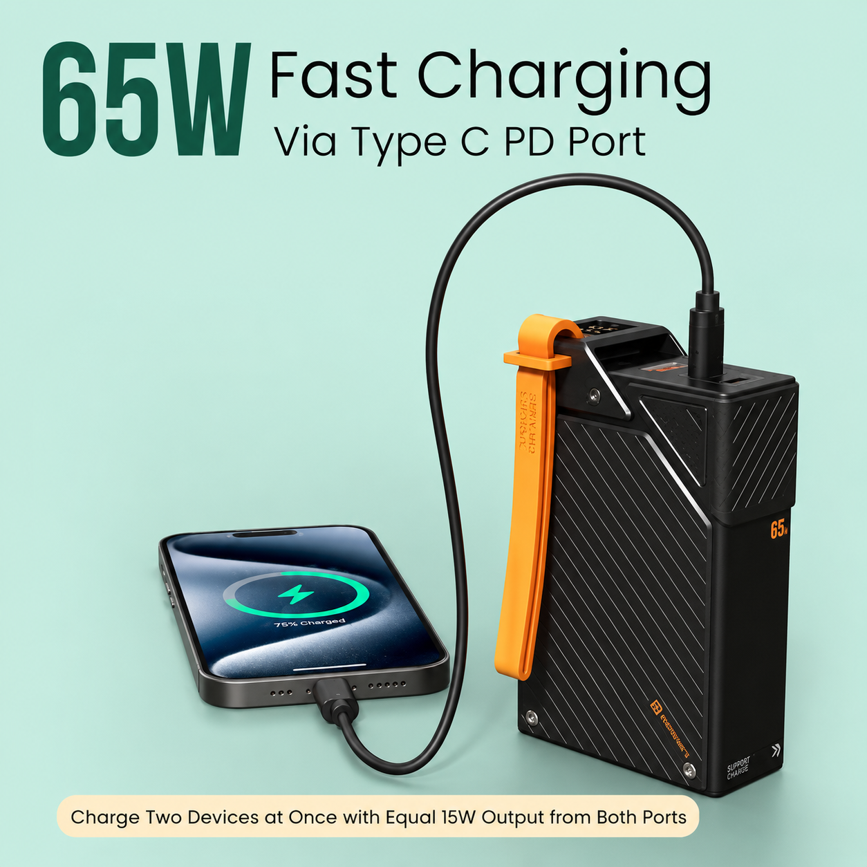 Portronics 65W Halley 20K 20000mAh Fast Charging Powerbank for Android Smartphones, iPhones, ipads, Tablets & Macbooks, Dual Type C PD Port, LED Display, Strong Lanyard (Black)